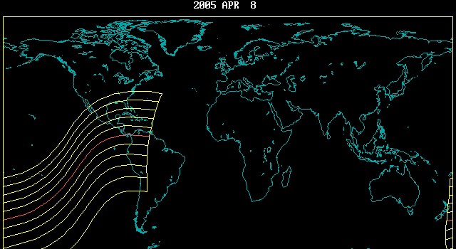 World map showing path of Hybrid Solar Eclipse of 2005 April 8.